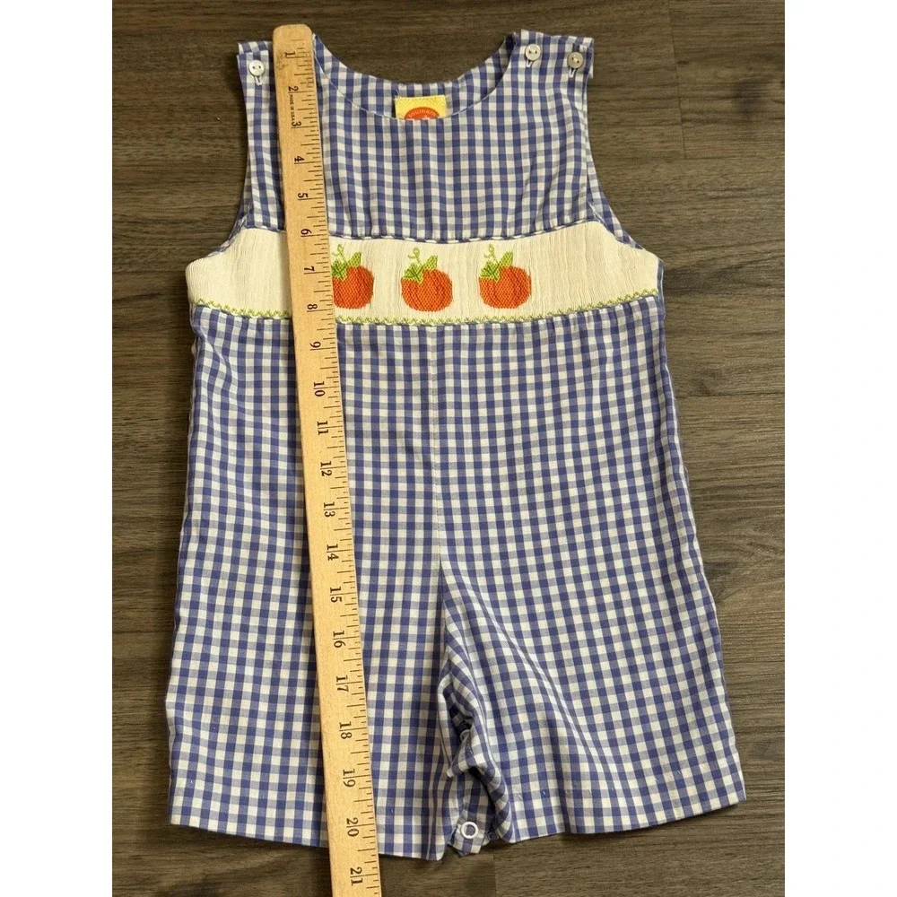 Toddler Boys Longall Overalls Size 2 Blue Gingham Smocked Pumpkin Fall Preppy